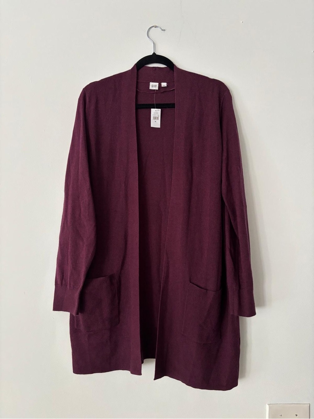 Gap Womens XL Burgundy Open Front Longline Duster Cardigan Sweater Pockets NWT
